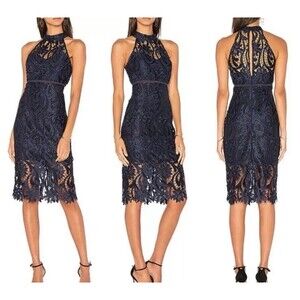 Bardot Isa Cocktail Dress Size 10 Lace Halter French Navy Lined Evening Party